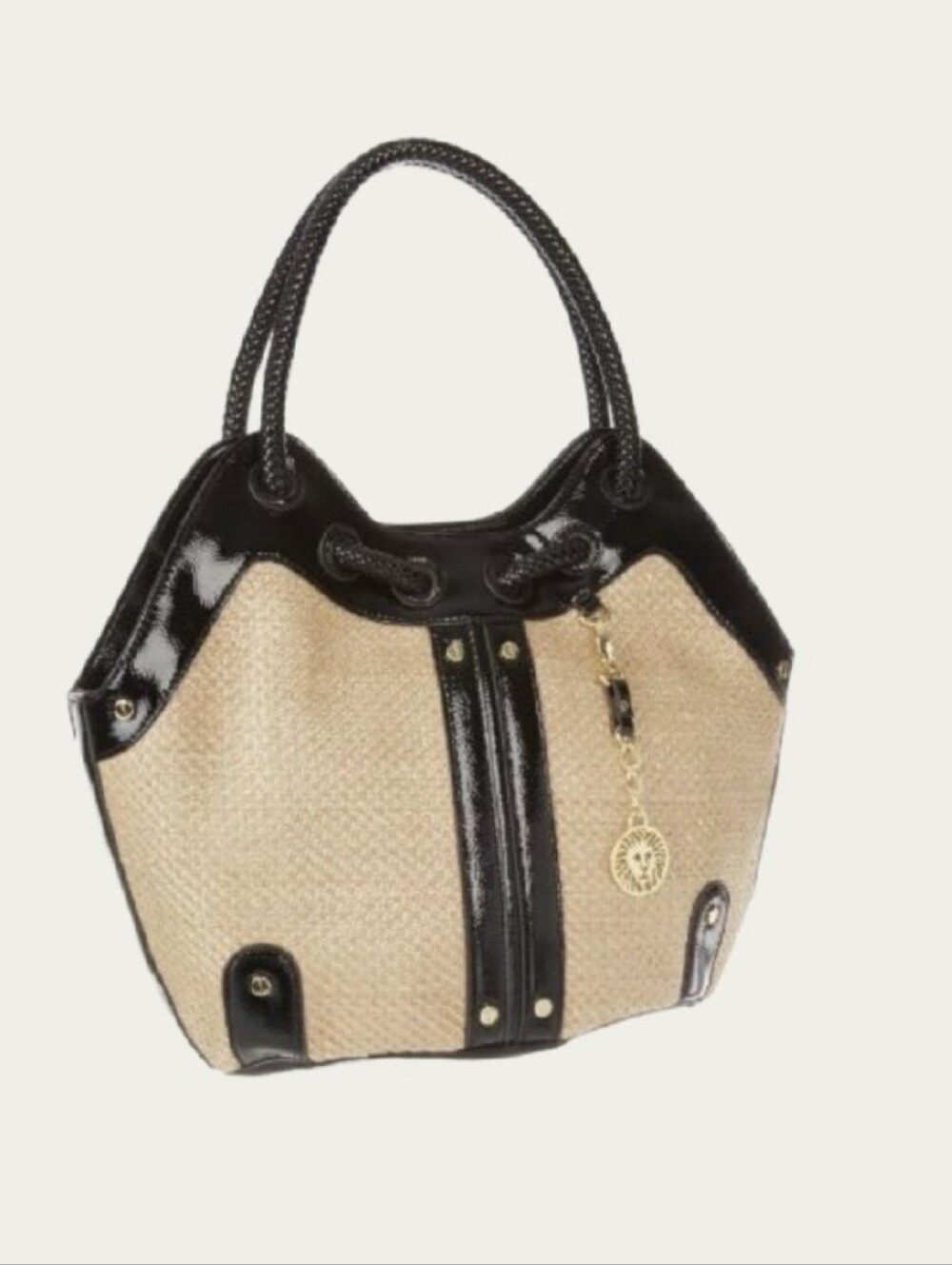 Anne Klein Tropical Punch Hobo Bag Straw Woven Vegan Black Patent Leather